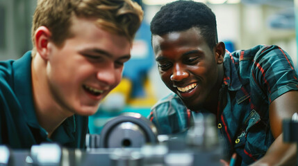 Two young male technicians, one caucasian and one Black, joyfully working together on machinery in...