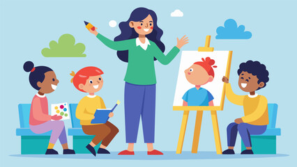 Fototapeta premium The instructor encourages the class to let go of inhibitions and express their emotions freely through the strokes and colors of their paintbrushes.. Vector illustration