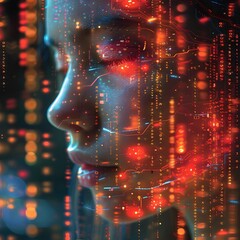 Corrupted Digital Realm of Cascading Binary Streams and Distorted Faces