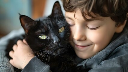 Stock photo of a young boy lovingly hugging his black cat. Concept Pets and Kids, Love and Affection, Animal Companionship, Family Bonding