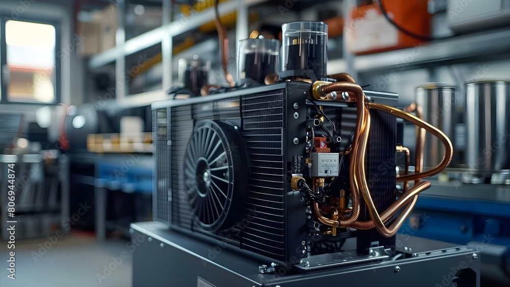 Poster concentrate on heat exchanger in condenser unit for optimal performance. concept heat exchanger clea