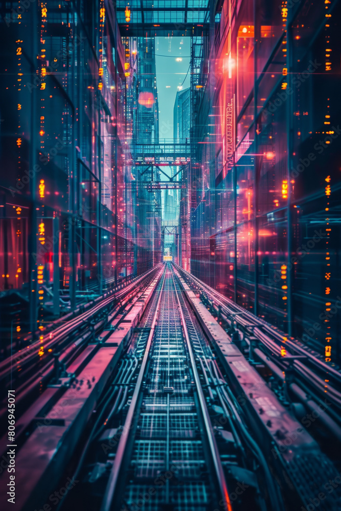 Poster symmetrical factory with futuristic hud hologram display.