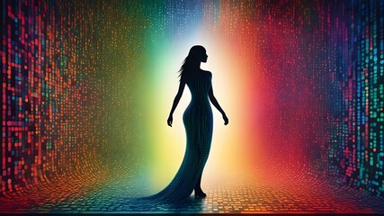 a vibrant canvas illuminated by a cascade of colorful binary code, forming the silhouette of a captivating woman, - obrazy, fototapety, plakaty