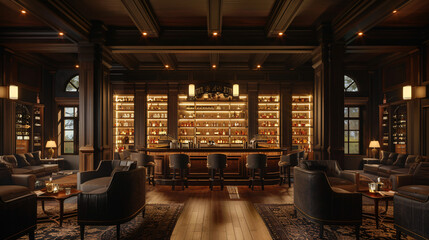 Refined Whiskey Haven: Sophisticated Bar with Dark Wood Interiors