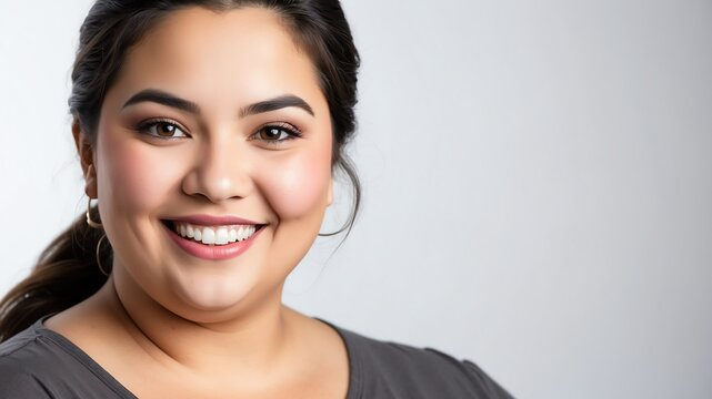 smiling young hispanic overweight woman studio portrait on plain white background from Generative AI