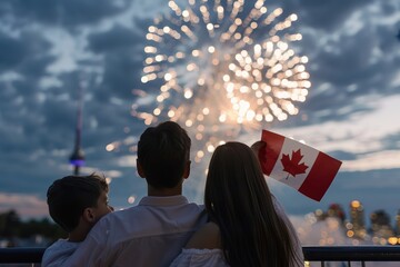 Family enjoys fireworks, waving Canadian flag on Canada Day.