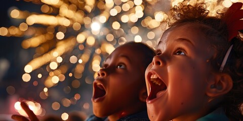Children amazed by fireworks in night sky, their faces illuminat