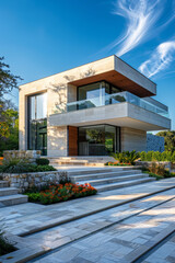 Modern, luxurious house with minimalist design and elegant landscaping.