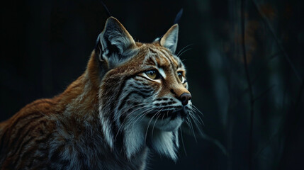 Close-up of lynx with ear tufts and facial patterns in the dark.
