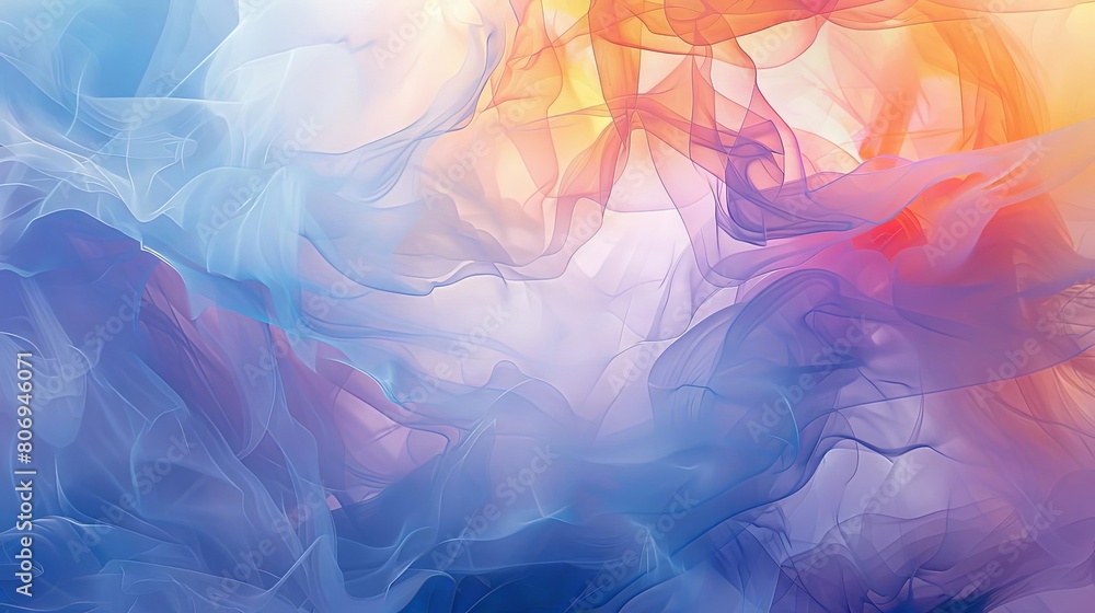 Poster abstract composition with transparent layers and celestial hues, featuring a circular object in the 