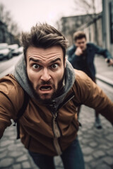 A man with a surprised look on his face, eyebrows raised and mouth slightly agape