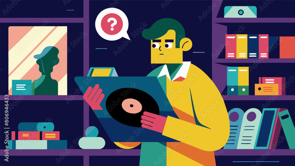 Aufkleber in a bustling record store a curious customer stumbles upon a mysterious record with a hidden meanin