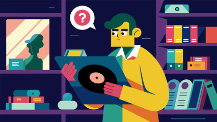 In a bustling record store a curious customer stumbles upon a mysterious record with a hidden meaning embedded in its cover art. Vector illustration