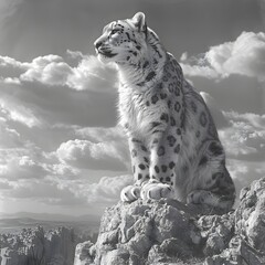 Majestic Snow Leopard Perched on Craggy Outcrop Overlooking Frozen Landscape