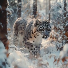 Fototapeta premium Majestic Snow Leopard Stalking Prey Through Snowy Forest Habitat