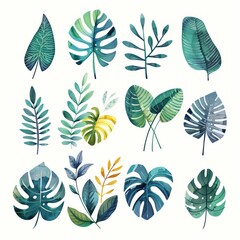 Assorted Tropical Leaves Watercolor Illustration Set for Botanical Design. - obrazy, fototapety, plakaty