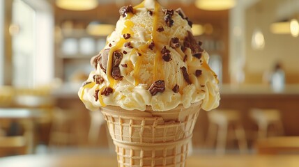 Fototapeta premium A scoop of ice cream in a cone, topped with chocolate chips and a drizzle of caramel