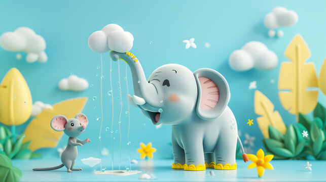 Joyful elephant showering under a cloud with a cheerful mouse watching; both surrounded by stylized plants.