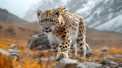 Obraz premium Majestic Snow Leopard Stalking Prey Amid Dramatic Himalayan Landscape
