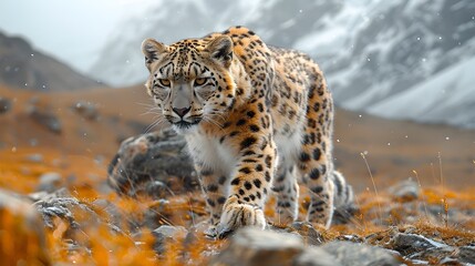 Majestic Snow Leopard Stalking Prey Amid Dramatic Himalayan Landscape