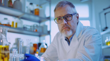 A man in a lab coat carefully inspects an object, focusing intently on his task