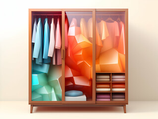 Wardrobe with different color clothes. 3d render. Interior design
