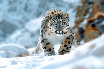 Majestic Snow Leopard Prowling through Pristine Himalayan Landscape