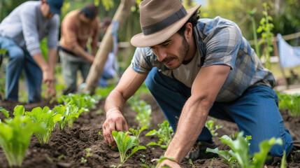 Men in workwear planting, weeding, and watering in a lush garden area