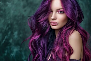 Fototapeta premium woman with long purple hair and purple eyes stands in front of a green background. She is wearing a black dress and has purple hair
