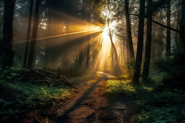 a serene forest with sunbeams piercing through mist, creating a magical, ethereal atmosphere along a path