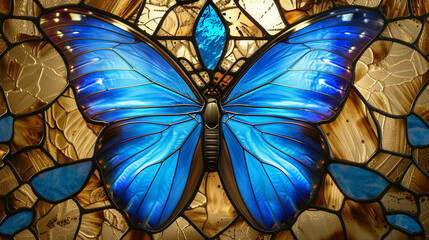 Artistic image of a large, highly detailed butterfly made up of stained glass panels in rich blues and browns.