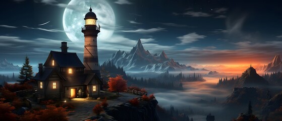 Lighthouse in the mountains at night. Panoramic view.