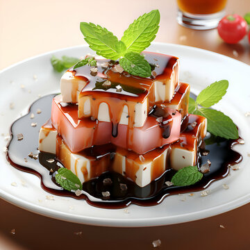 Caramelized Panna Cotta with Chocolate Sauce and Mint. square
