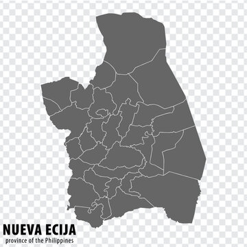 Blank map Nueva Ecija of Philippines. High quality map Province of Nueva Ecija with districts on transparent background for your web site design, logo, app, UI.  Republic of the Philippines.  EPS10.