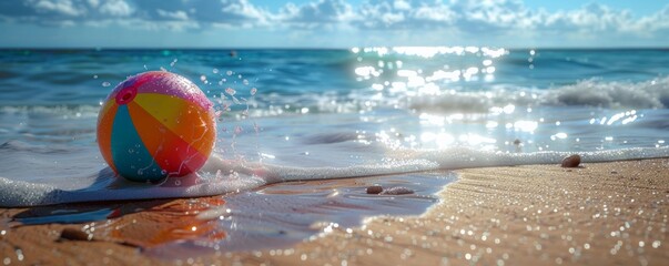 Obraz premium The beach ball is sitting on the shore, the waves are gently lapping at it. The sun is shining brightly and the sky is blue.