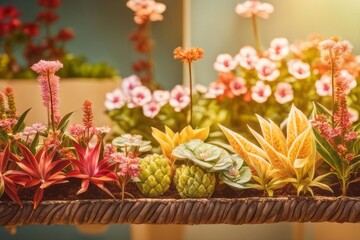 Vibrant row of tropical plants in multicolored pots against blue wall
