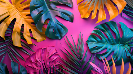 Pastel color tropical leaves flat lay copy space