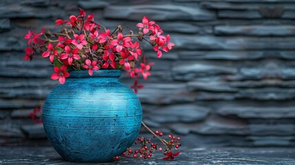   A blue vase with red flowers sits on a wooden table in front of a stone-walled backdrop