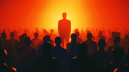 Silhouette of a man standing in front of a large crowd bathed in intense red light.