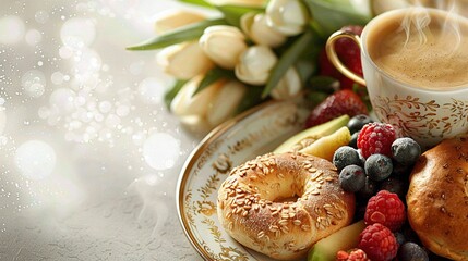   A macroscopic view of a dish with a coffee cup, fruit plate, and bagel - Powered by Adobe