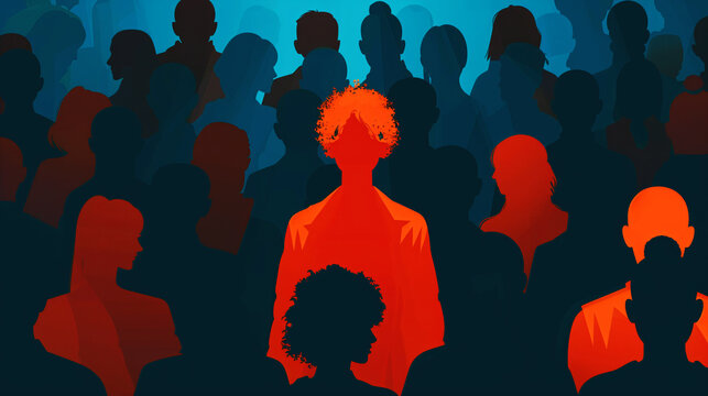 Illustration of a diverse crowd with one person in red standing out, their head exploding into particles.