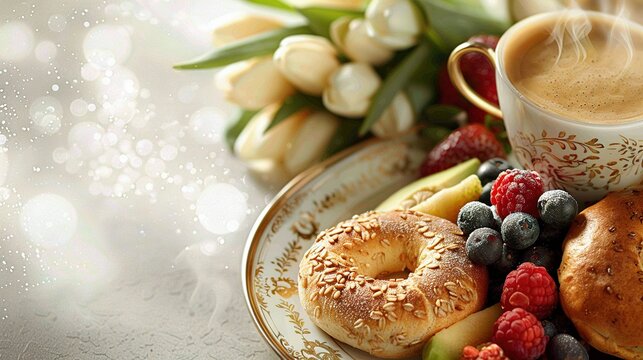   A macroscopic view of a dish with a coffee cup, fruit plate, and bagel