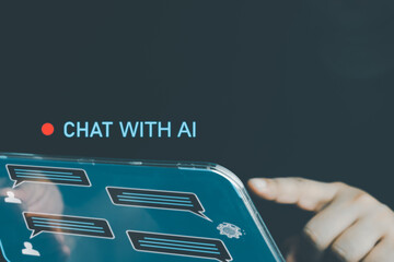 AI chat bot conversation using artificial intelligence technology to answer user. Chatbot virtual assistant, generative AI, customer support. Person typing prompt. Chat interface.