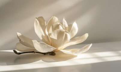 A majestic magnolia bloom against a backdrop of white, casting a bold shadow