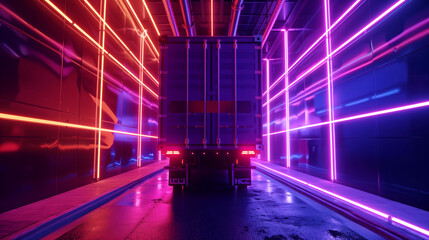 Fototapeta premium Futuristic scene with neon lights and a large truck container in a dark industrial setting.