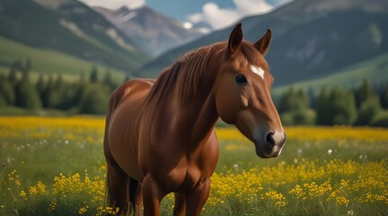 A chestnut horse in a meadow with yellow flowers again.generative.ai - obrazy, fototapety, plakaty