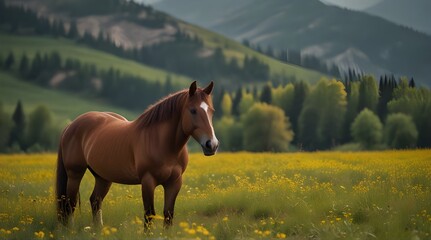 A chestnut horse in a meadow with yellow flowers again.generative.ai - obrazy, fototapety, plakaty