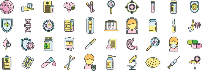 Immune system icons set outline vector. Human weak. Medical booster thin line color flat on white