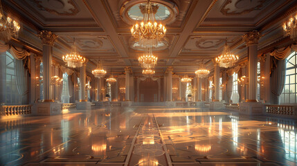 a grand ballroom with a elegant podium, chandeliers, and a dancefloor