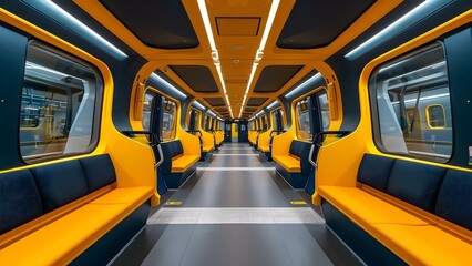 Underground train interior with bold navy and yellow colors ecofriendly design. Concept Urban Transportation, Bold Color Palette, Eco-Friendly Design, Underground Aesthetics